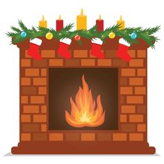 a christmas fireplace with stockings and candles