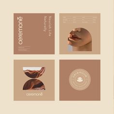 four different brochures with images of women's faces and hands on them