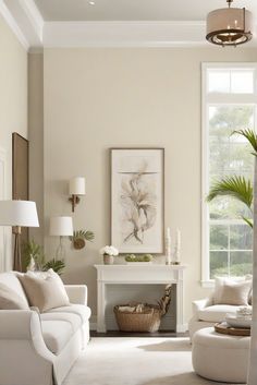 a living room filled with furniture and a painting on the wall over a fire place