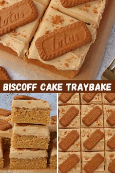 a collage of pictures showing different types of cake that is cut into squares and placed on top of each other