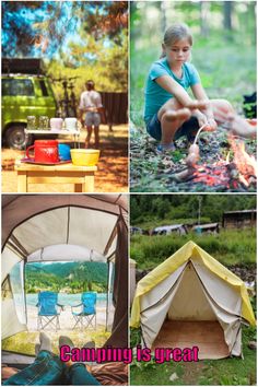 there are pictures of camping in the woods and on the ground, with text overlay that reads camping is great