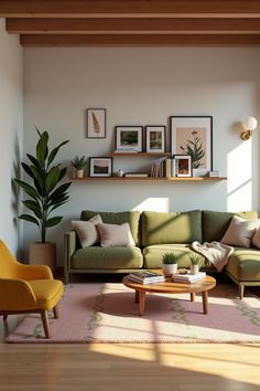 A stylish living room with a green sofa, warm wood accents, cozy textures, and minimalist wall art, perfect for a modern and inviting space. #ModernLivingRoom #CozyHomeDecor #GreenSofa #MinimalistDesign #LivingRoomInspo Living Room Inspiration Green, Sofa Cozy, Stylish Living Room, Living Room Inspo, Minimalist Wall, Living Room Inspiration, Minimalist Wall Art