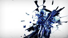 an abstract photo of shattered glass on a white background with black and blue accents,