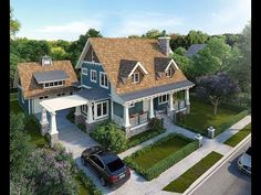 this is an artist's rendering of a house in the country side with two cars parked on the driveway