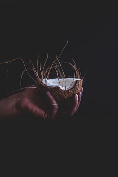 a person holding a bowl with grass in it on a black background and the bottom half of the bowl is empty