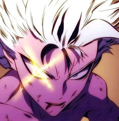 an anime character with white hair and purple eyes looking at something in his hand,