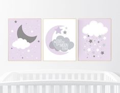 three baby nursery wall art prints with stars, moon and clouds in pastel colors