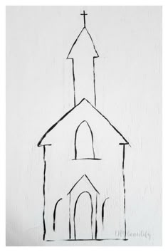 a drawing of a church with a cross on it's steeple is shown in black and white