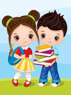 a boy and girl are holding books in their hands