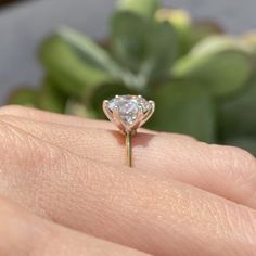 a close up of a person's hand holding a ring with a diamond on it