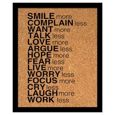 a cork board with words written on it