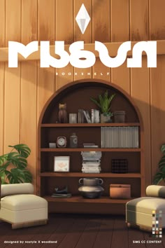 an image of a living room with bookshelf and furniture on the front cover