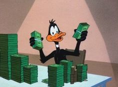 a cartoon duck holding up stacks of money