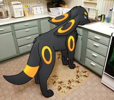 a cartoon dog is standing in the kitchen