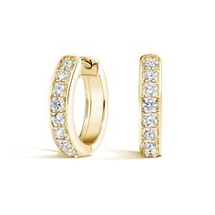 Luxe Diamond Huggie Earrings - 18K Yellow Gold. These glamorous huggie hoop earrings feature a row of dazzling prong-set diamonds set in lustrous gold. Secured with hinged latch backs, these diamond earrings are perfect for every day wear. Diamond Hoop Earrings In Yellow Gold, Diamond Huggie Earrings, Solid Gold Earrings, Colorless Diamond, Diamond Earring, Yellow Gold Setting, Jewelry Images, Diamond Hoop Earrings, Huggie Earrings