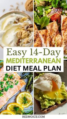 easy 4 - day mediterraneanan diet meal plan for the whole family includes fish, avocado, bread, and salad