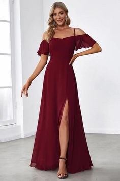 Burgundy Flowy Bridesmaid Dress, Romantic Bridesmaid Dresses, Flowy Bridesmaid Dresses, Stunning Bridesmaid Dresses, Bridesmaid Dresses With Sleeves, Ever Pretty, Split Design, Flare Sleeves, Maid Of Honour