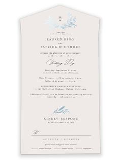 the wedding program card is shown in blue and white, with an elegant floral design