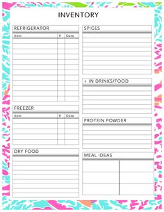 a printable inventory sheet with food items on it