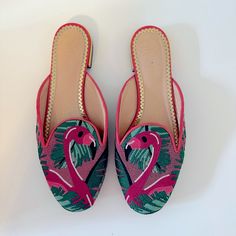 Charlotte Olympia Flamingo Mules In Size 6.5. Embroider Design. Gold Trim On Heal. Bright Vibrant Colors. Charlotte Olympia Shoes, Charlotte Olympia, Embroidered Design, Mule Clogs, Mules Shoes, Gold Trim, Olympia, Pink And Green, Flamingo