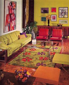 a living room with yellow walls and colorful furniture