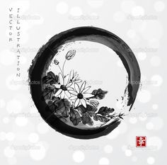 an artistic painting with flowers in the center and chinese characters on the background stock photo