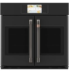 the double oven is black with stainless steel handles