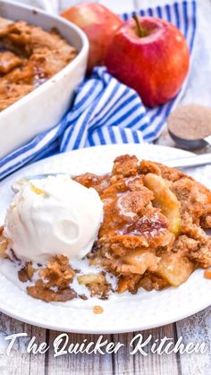 a white plate topped with an apple crisper next to a bowl of ice cream