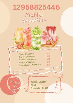 a menu for a smoothie shop with different types of fruit and vegetables on it