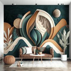 a living room scene with focus on the couch and wall mural, which has an abstract design