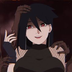 an anime character with black hair and red eyes