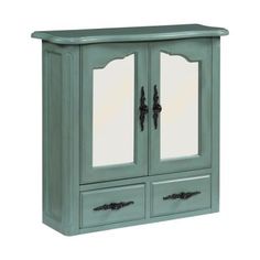 a green armoire with two doors and mirrors on the top shelf, in front of a white background