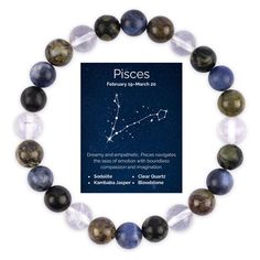 Pisces Zodiac Bracelet for Women or Men with Natural Stone Sodalite, Kambaba Jas Pisces Zodiac Bracelet for Women or Men with Natural Stone Sodalite, Kambaba Jas Description EMPOWERING CRYSTAL FUSION: Each bracelet is meticulously crafted with a powerful combination of sodalite, kambaba jasper, clear quartz, and bloodstone crystals, chosen specifically to amplify the bold energy of Pisces. PERFECT FIT: With a comfortable 7.5-inch length and 8mm bead size, our bracelet ensures a perfect fit for any wrist, enabling you to wear it with ease and comfort throughout the day. ARTISANAL CRAFTSMANSHIP: Carefully handmade, our bracelets display meticulous craftsmanship, guaranteeing each piece's uniqueness and reflecting the essence of Pisces individuality. STYLISH CANVAS POUCH: Elevate your gifting Pisces Bracelets, Pisces Crystals, Bracelets Display, Spiritual Zodiac Sign Bracelet Gift, Crystal Stone Bracelet For Pisces, Pisces Zodiac Necklace, Kambaba Jasper, Zodiac Birthdays, Zodiac Bracelet