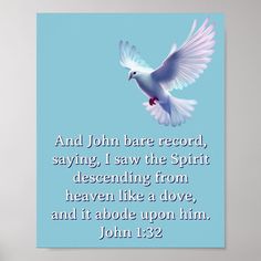 a white dove flying in the sky with a bible verse on it's side