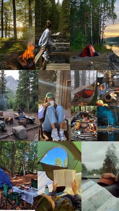 a collage of pictures with people camping