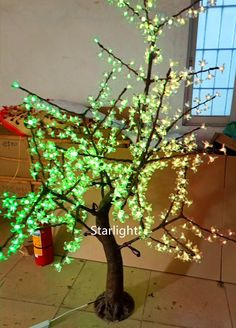 a lighted tree in the middle of a room