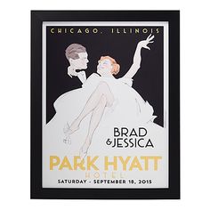 an advertisement for the broadway musical park hyatt, with a man and woman in white