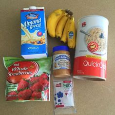 the ingredients to make oatmeal include bananas, yogurt, granola, almond milk, and strawberries