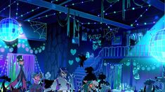 an animated scene with cats and people in the background, surrounded by bright blue lights