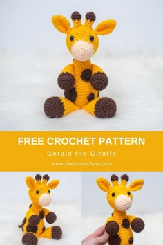 a crocheted giraffe sitting on top of a white surface with text overlay that says free crochet pattern