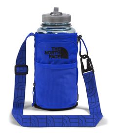 the north face insulated water bottle carrier with strap in blue / black, front view