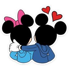 two mickey mouses hugging each other with hearts on their heads and ears in the air