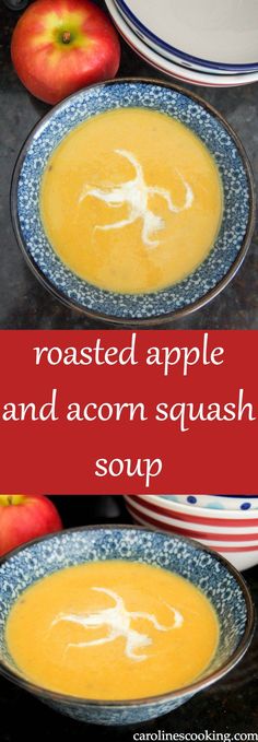 two bowls filled with soup sitting on top of a table next to an apple and another bowl