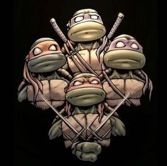 a group of teenage mutant turtles with swords in their hands, all wearing helmets and holding baseball bats