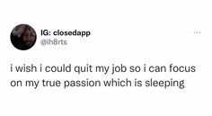 a tweet that reads, i wish i could quit my job so i can focus on my true passion which is sleeping