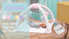 the baby is laying on its back in the playmat with other furniture and accessories