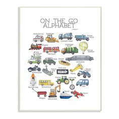 an illustrated poster with cars and trucks on the go alphabet written in grey ink, against a white background