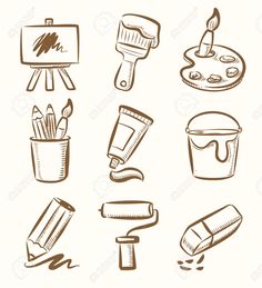 different types of art supplies drawn in brown ink on white paper stock photo, images and royalty