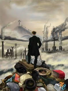 a man standing on top of a pile of luggage in front of an oil refinery