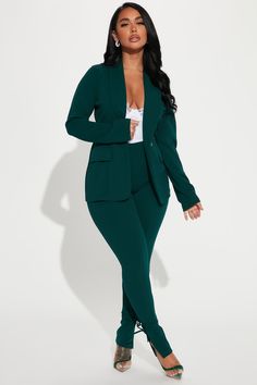 Available In Hunter And Black. Two Piece Pant Suit Collar Button Front Closure Faux Front Pockets Pull On Pant Skinny Leg Tie Ankle Stretch 95% Polyester 5% Spandex Imported | Head Of The Table Pant Suit in Hunter size XS by Fashion Nova Old Money Aesthetic Fashion, Ankle Stretches, Suit Collar, Black Two Piece, Work Chic, Suit Black, Money Aesthetic, Pant Suit, Old Money Aesthetic